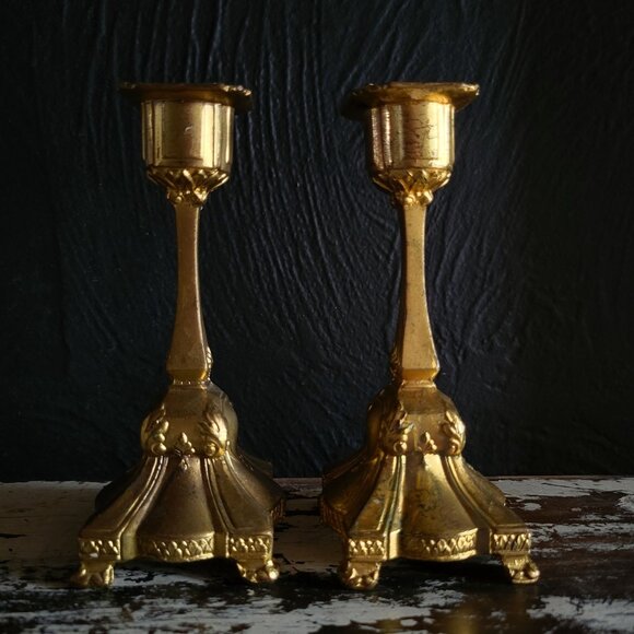 Pair of Vintage Victorian Art Nouveau Gold Tone Metal Candle Holders - Picture 5 of 8